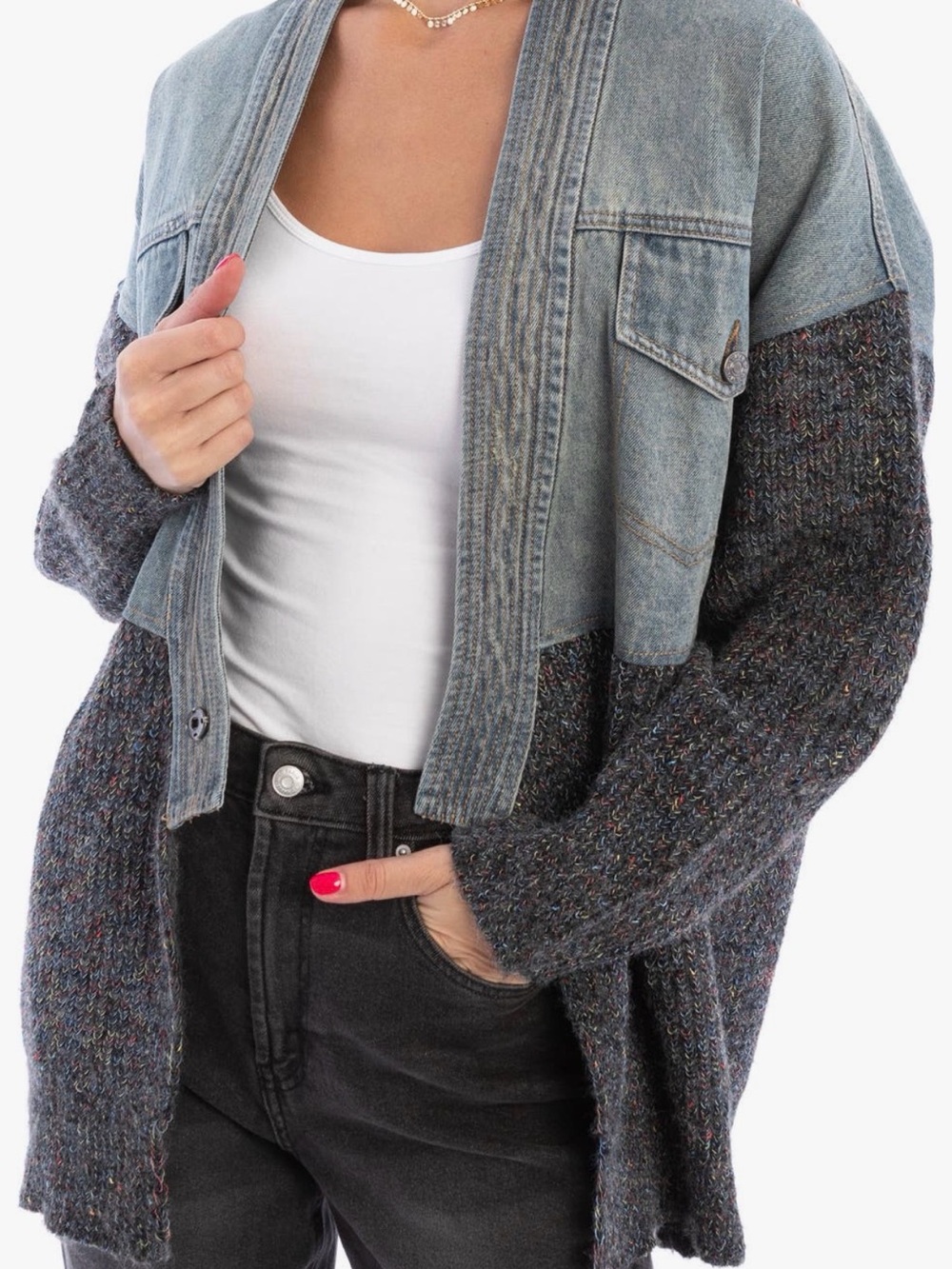 SAACHI Denim-Trim Mixed Knit Cardigan - Picture 3 of 8